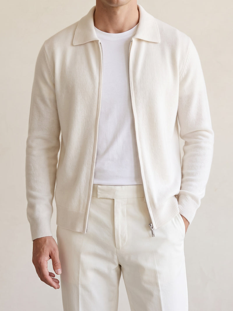 100% Cashmere Zip Polo Cardigan – Cream White lifestyle