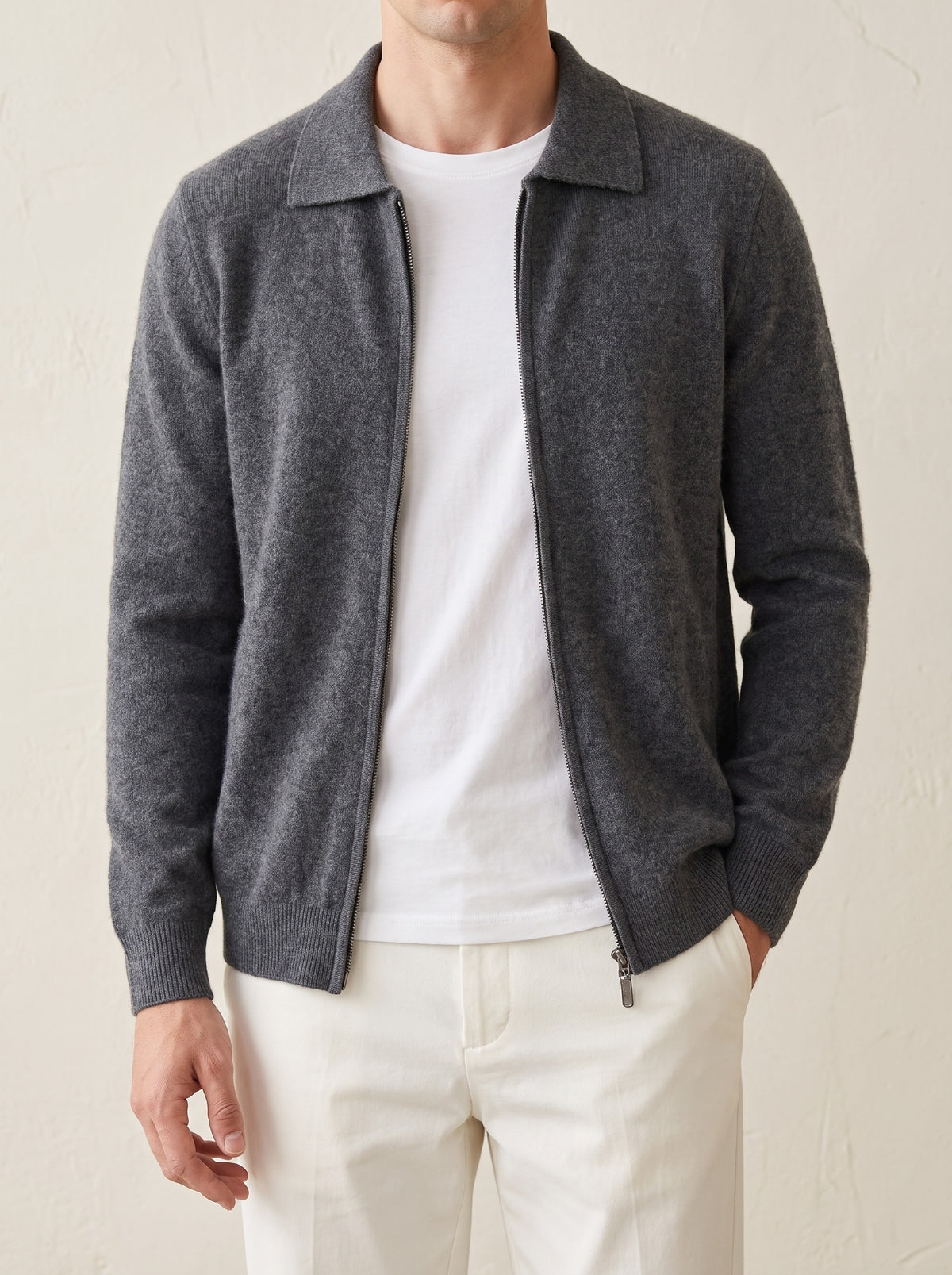 100% Cashmere Zip Polo Cardigan – Dark Gray lifestyle