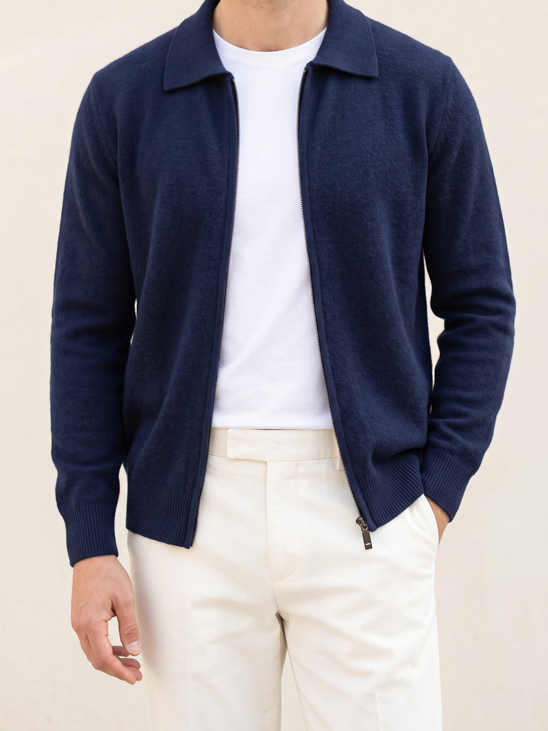 100% Cashmere Zip Polo Cardigan – Navy Blue lifestyle