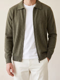 100% Cashmere Zip Polo Cardigan – Olive lifestyle