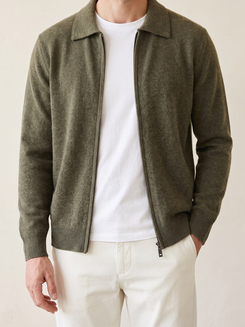 100% Cashmere Zip Polo Cardigan – Olive lifestyle