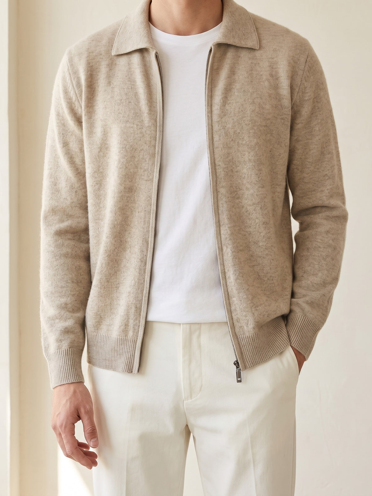 100% Cashmere Zip Polo Cardigan – Sand lifestyle