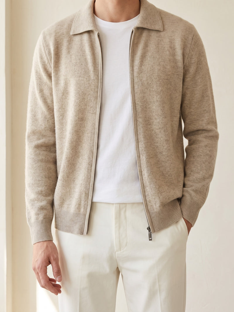 100% Cashmere Zip Polo Cardigan – Sand lifestyle