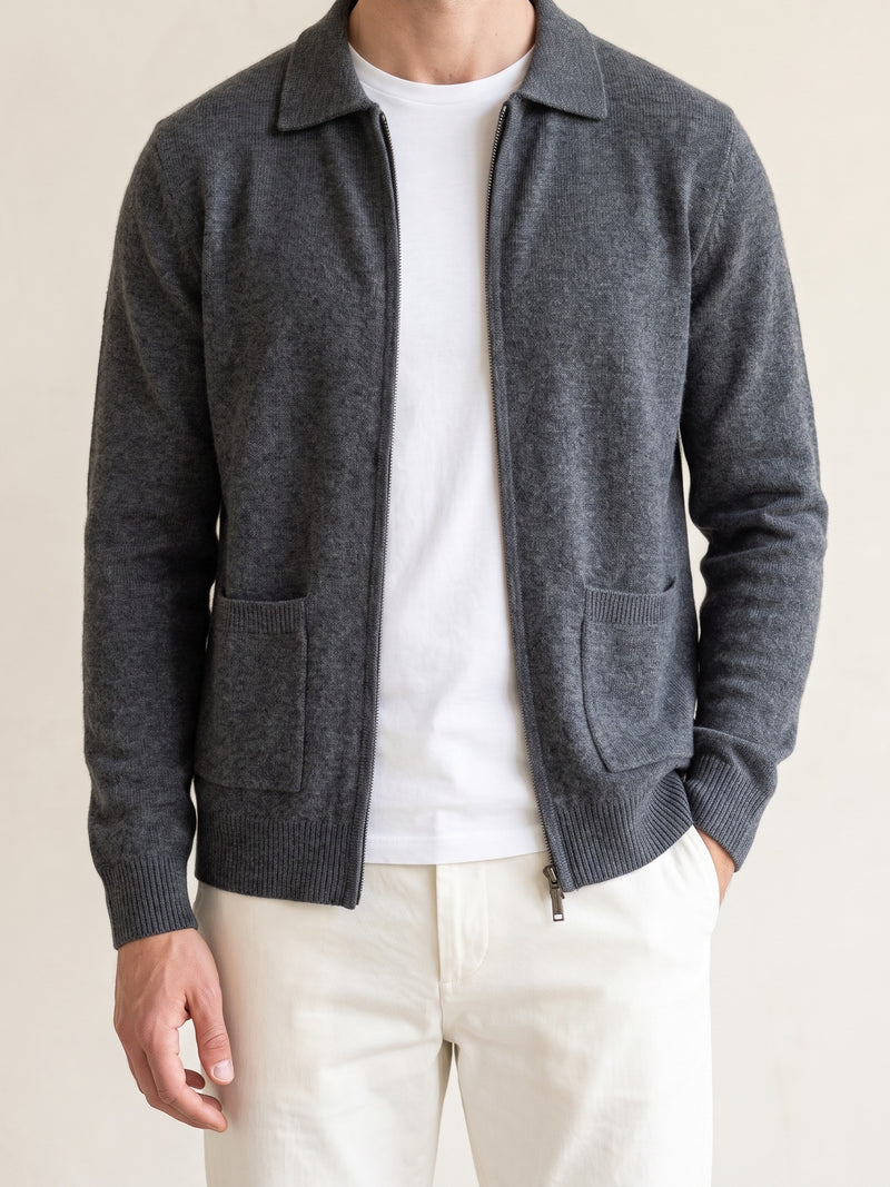 100% Cashmere Zipper Cardigan – Dark Gray lifestyle