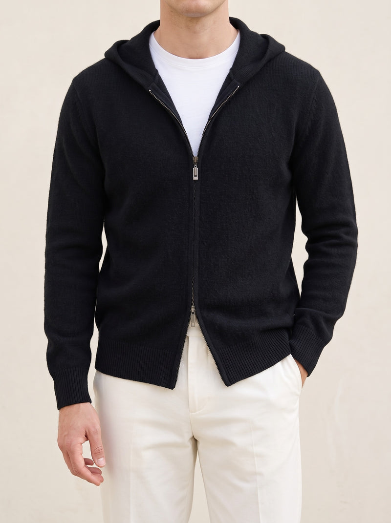 100% Cashmere Zipper Hoodie – Black lifestyle