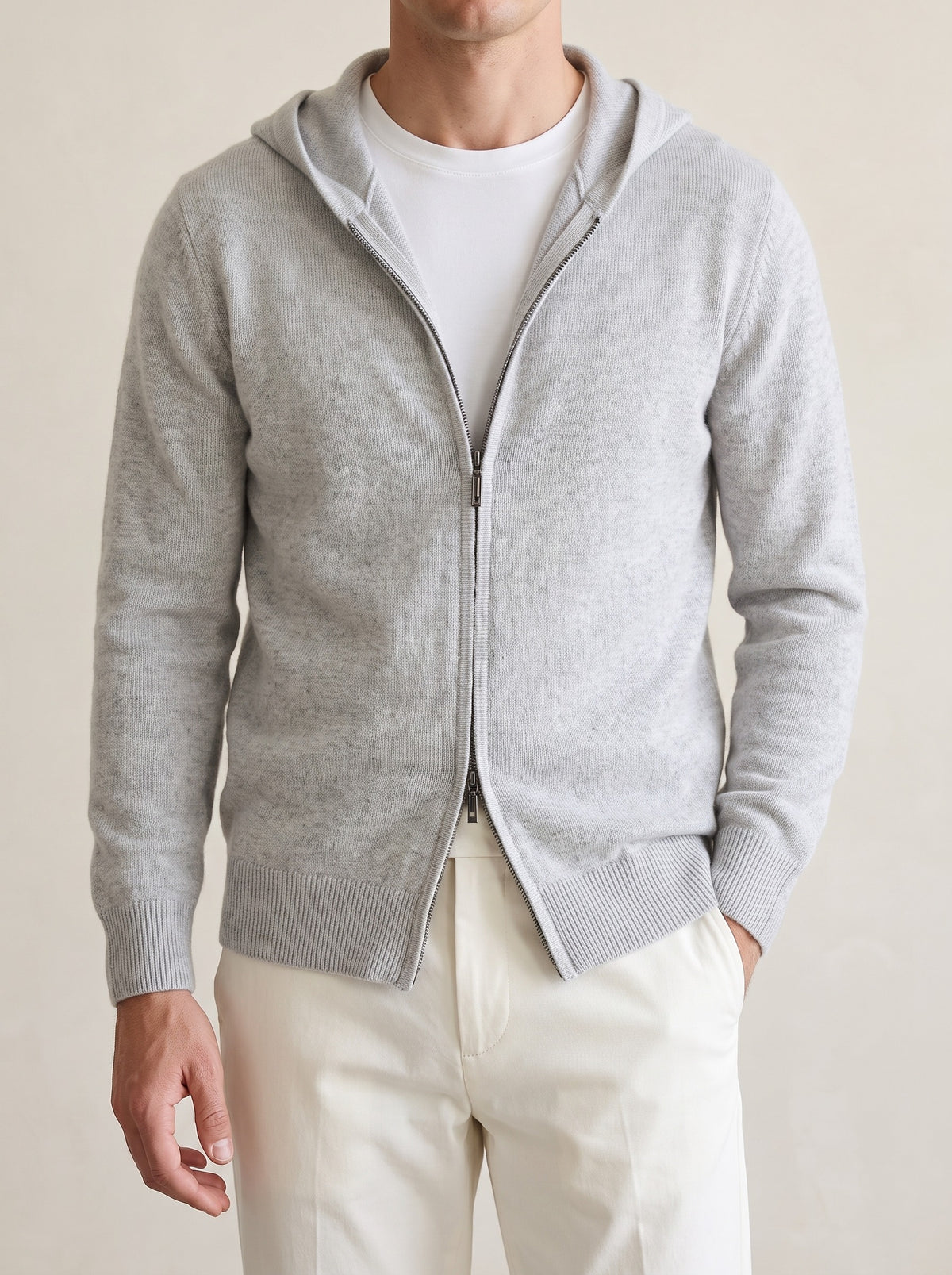 100% Cashmere Zipper Hoodie – Light Gray lifestyle