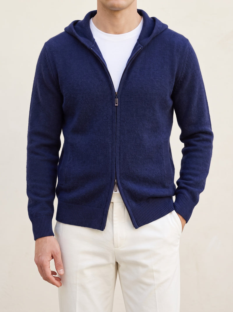 100% Cashmere Zipper Hoodie – Navy Blue lifestyle