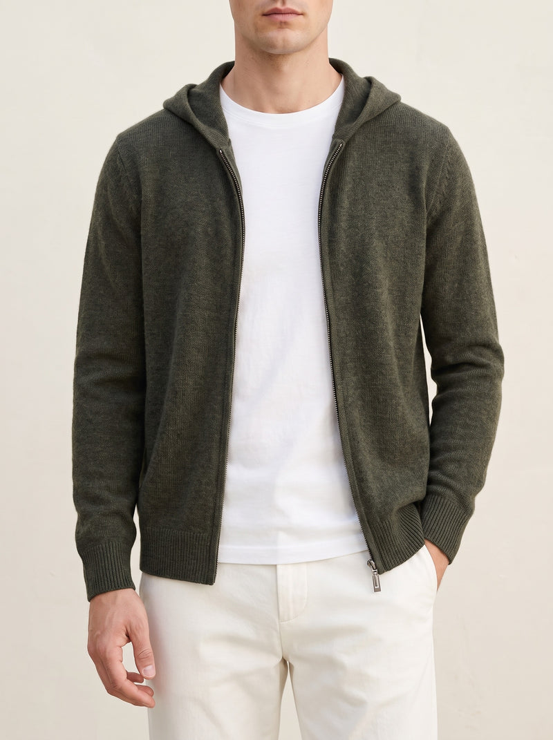 100% Cashmere Zipper Hoodie – Olive lifestyle