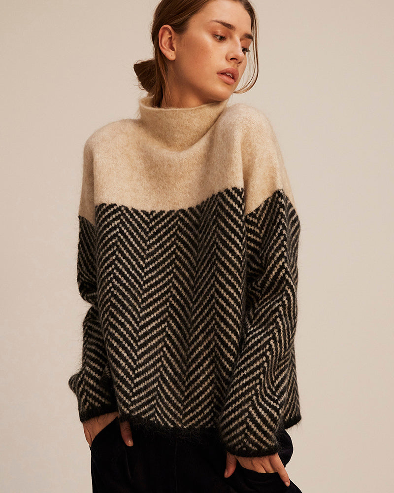 NOBA - Sweater with High Collar and Herringbone Pattern